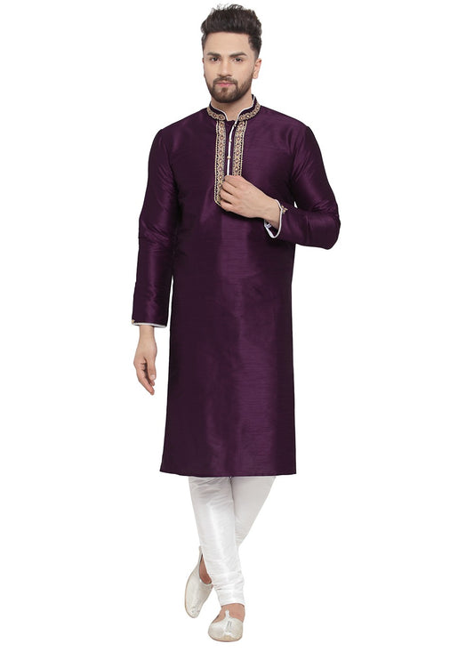 Embroidered Dupion Silk Purple Kurta Pyjama - M7336