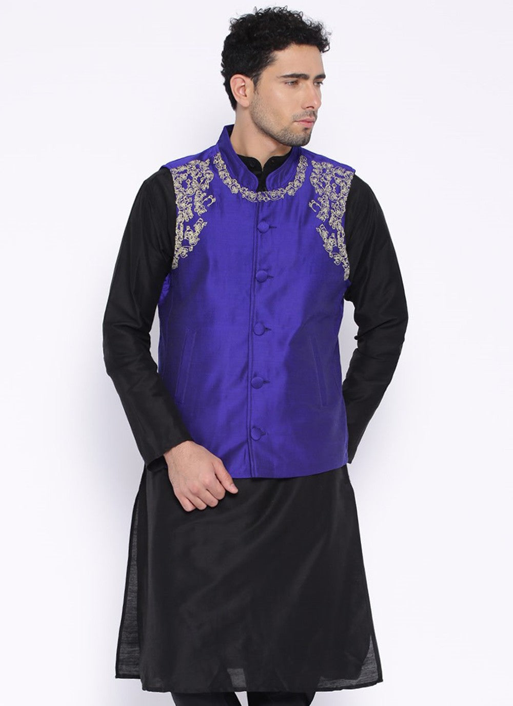 Embroidered Dupion Silk Purple Nehru Jackets - M3218