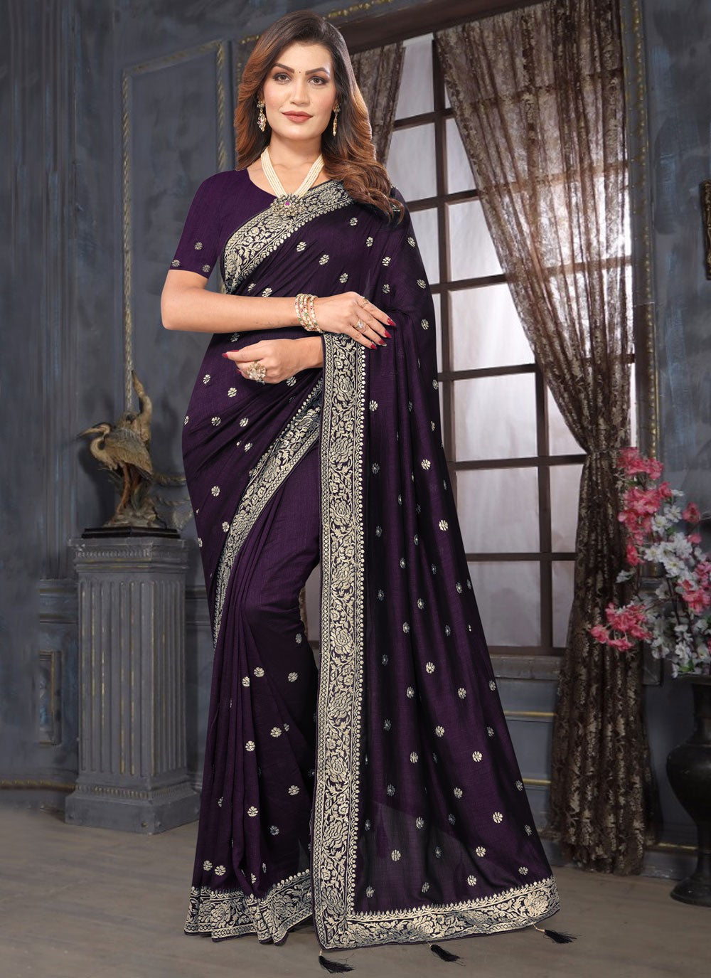 Classic Embroidered Vichitra Silk Saree - S7357