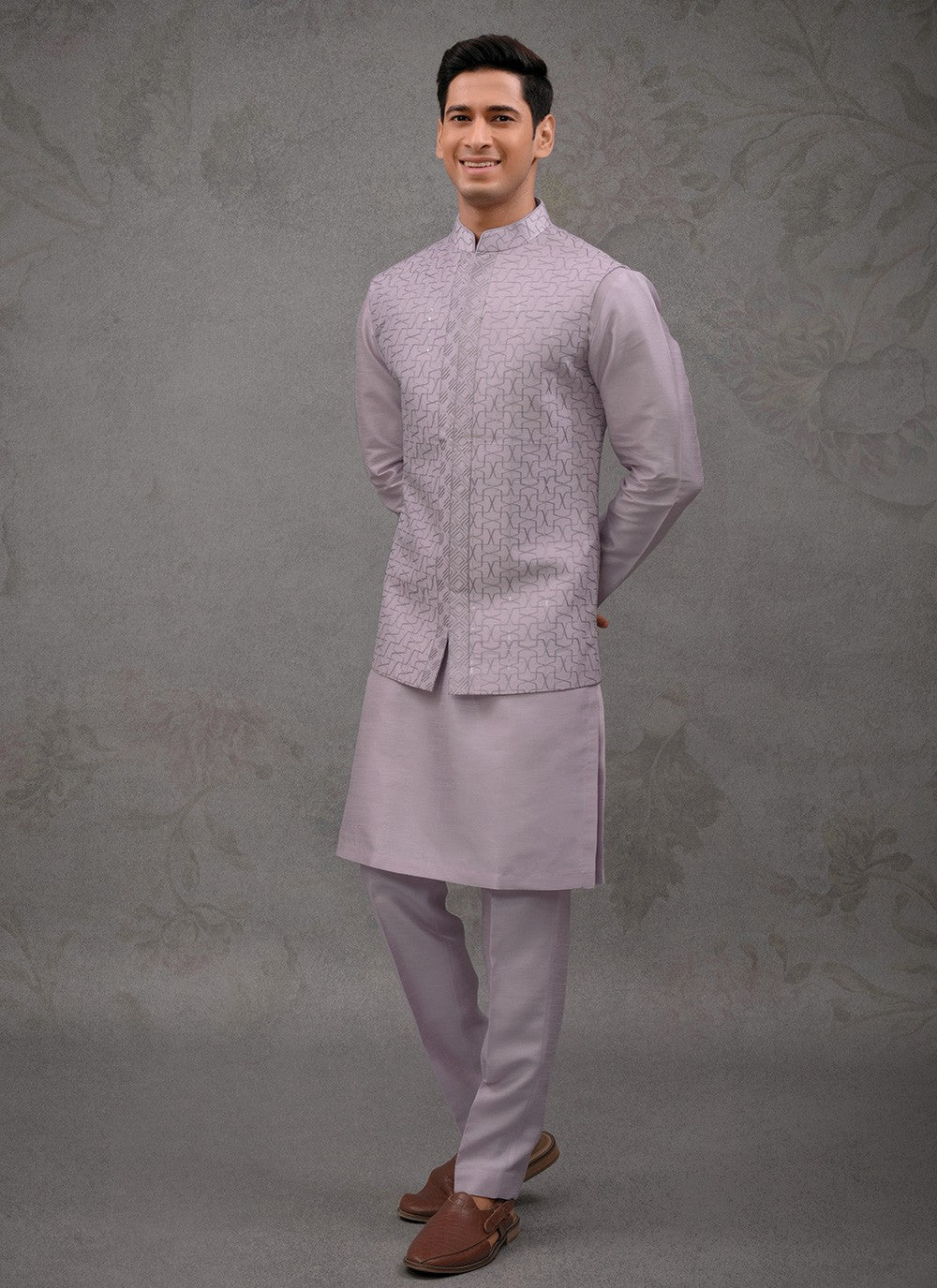 Embroidered Silk Purple Kurta Payjama With Jacket - M8463