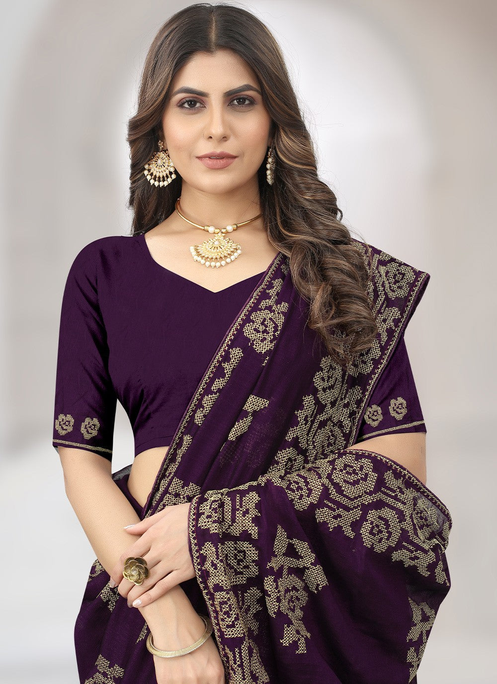 Contemporary Embroidered Vichitra Silk Saree - S2757