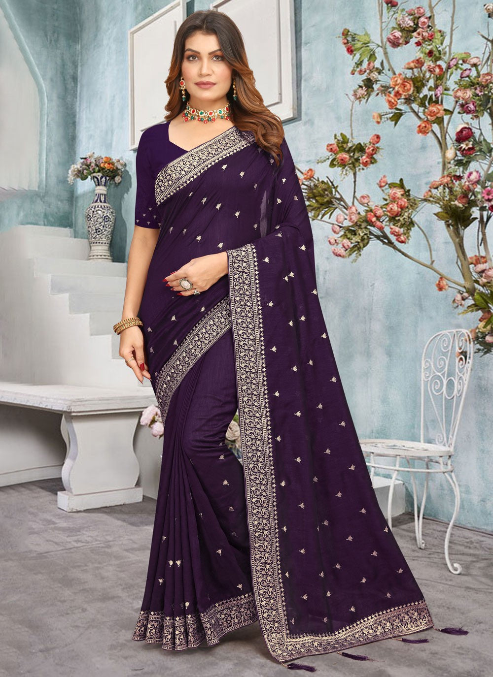 Classic Border Work Vichitra Silk Saree - S7668