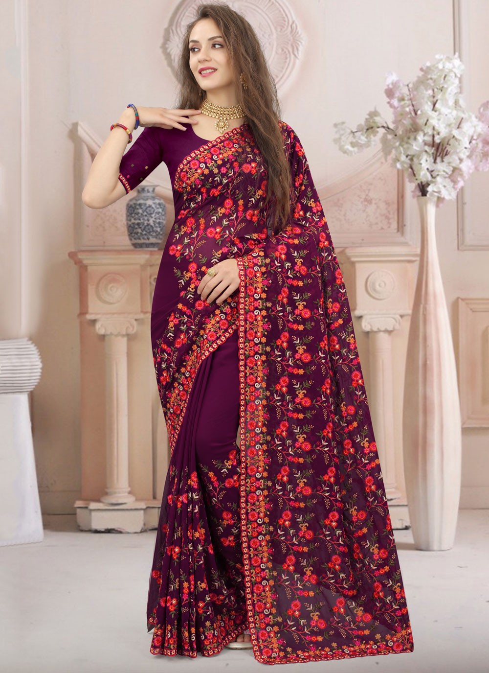 Classic Embroidered Georgette Saree - S9764