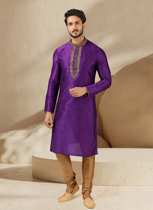 Embroidered Banarasi Silk Purple Kurta Pyjama - M3244