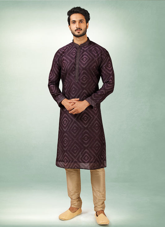 Printed Art Silk Purple Kurta Pyjama - M2848