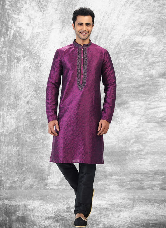 Fancy Work Brocade, Jacquard Silk Purple Kurta Pyjama - M4859