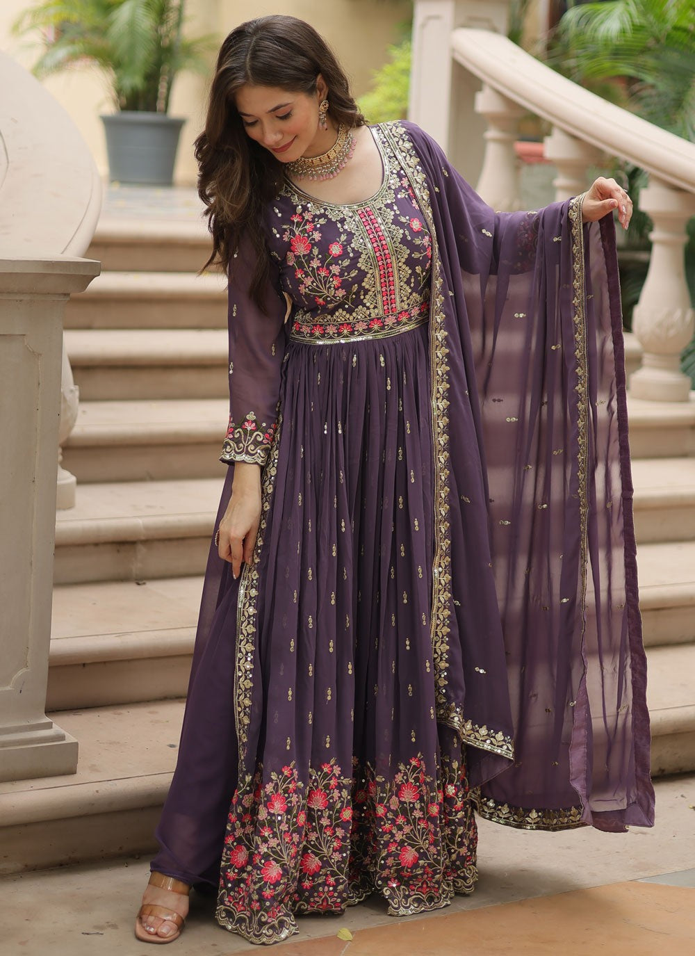 Embroidered Faux Georgette Anarkali - T4768