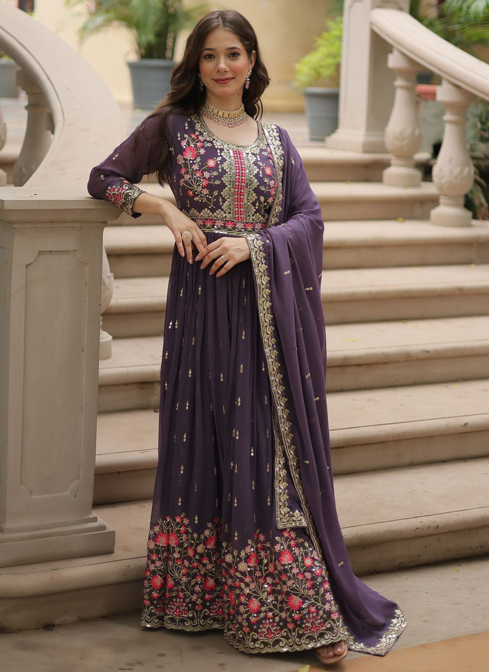 Embroidered Faux Georgette Anarkali - T4768