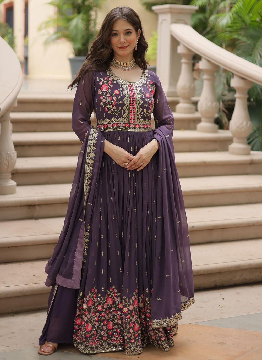 Embroidered Faux Georgette Anarkali - T4768