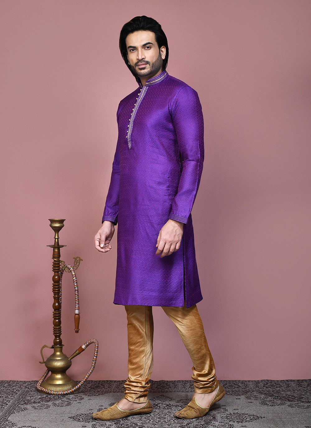 Resham Cotton Silk Purple Kurta Pyjama - M7889