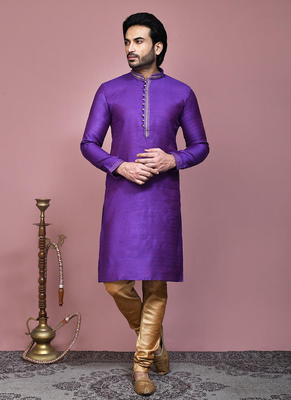 Resham Cotton Silk Purple Kurta Pyjama - M7889