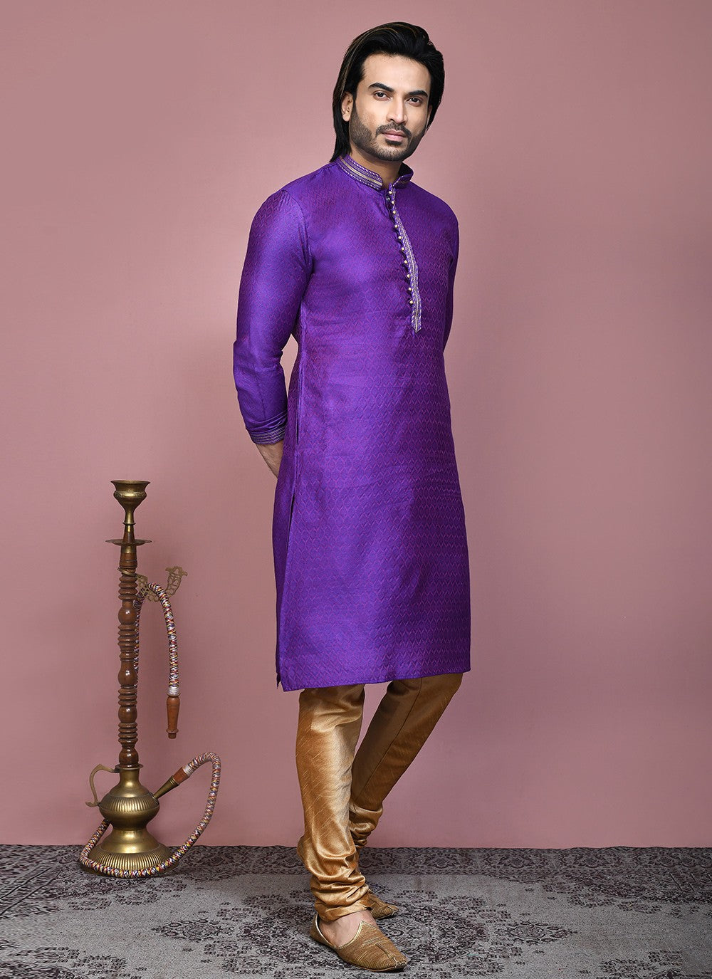 Resham Cotton Silk Purple Kurta Pyjama - M7889