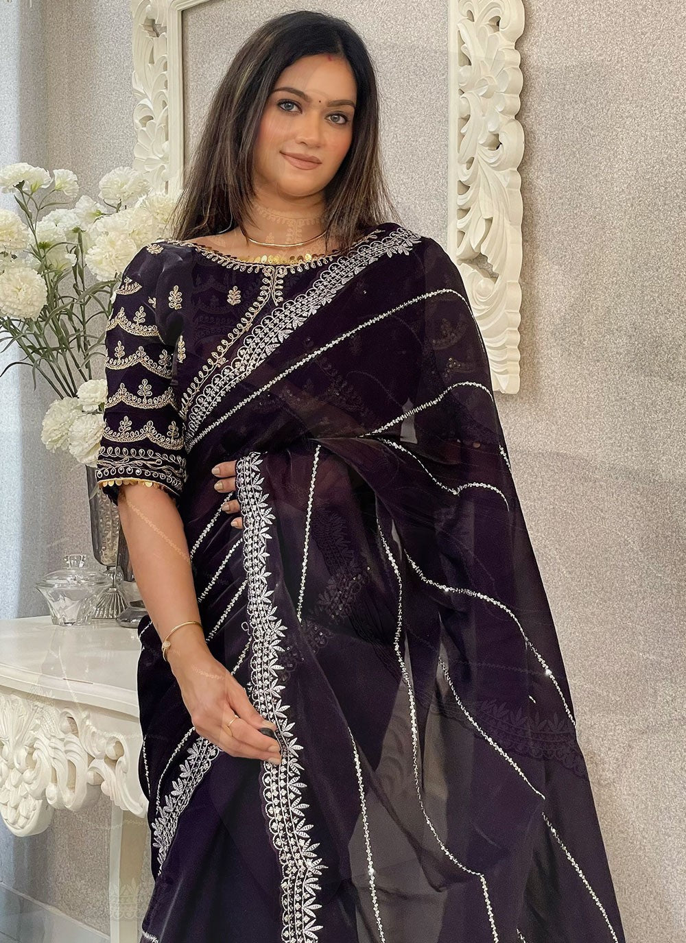 Classic Embroidered Net Saree - S6900