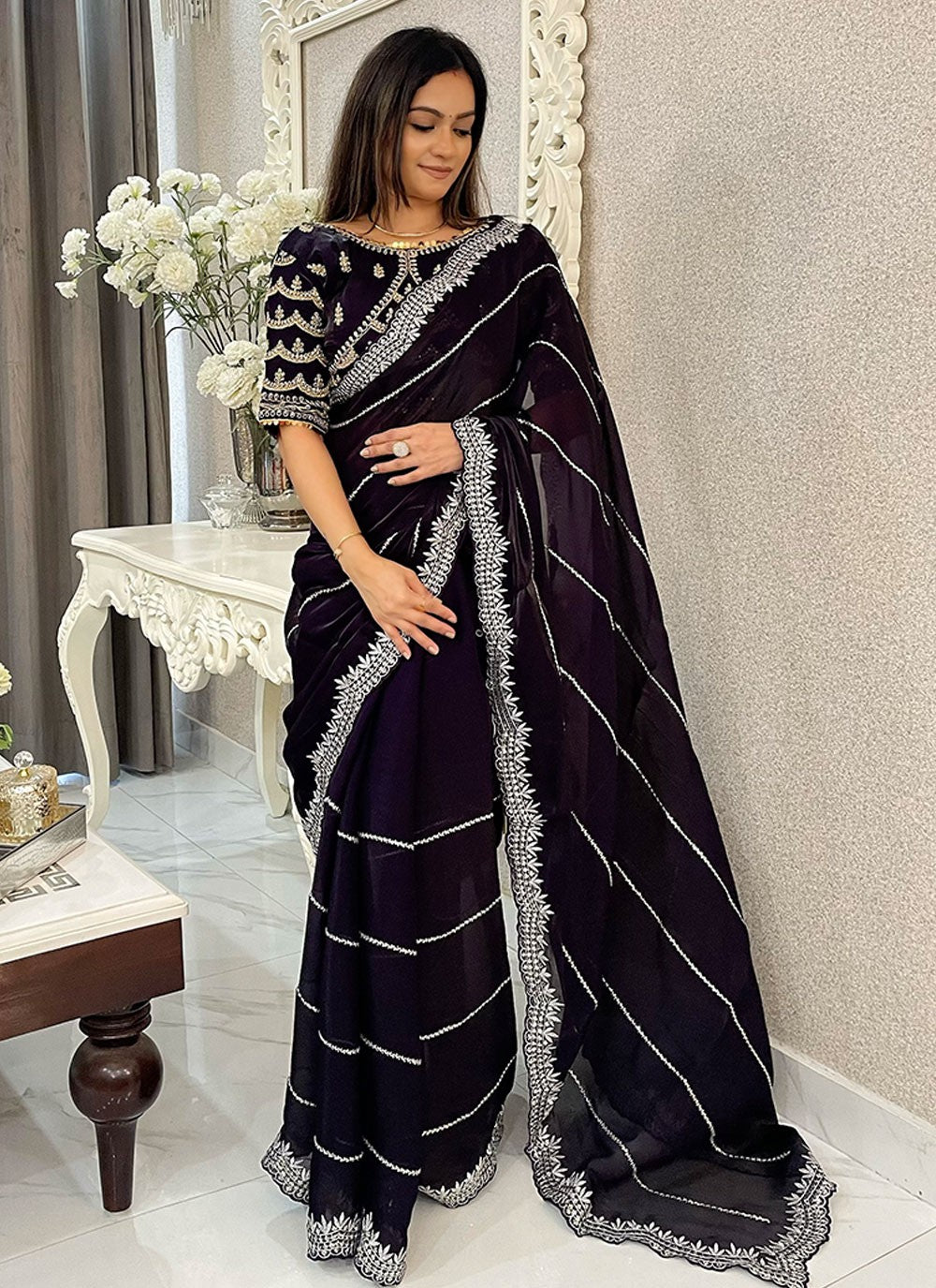 Classic Embroidered Net Saree - S6900