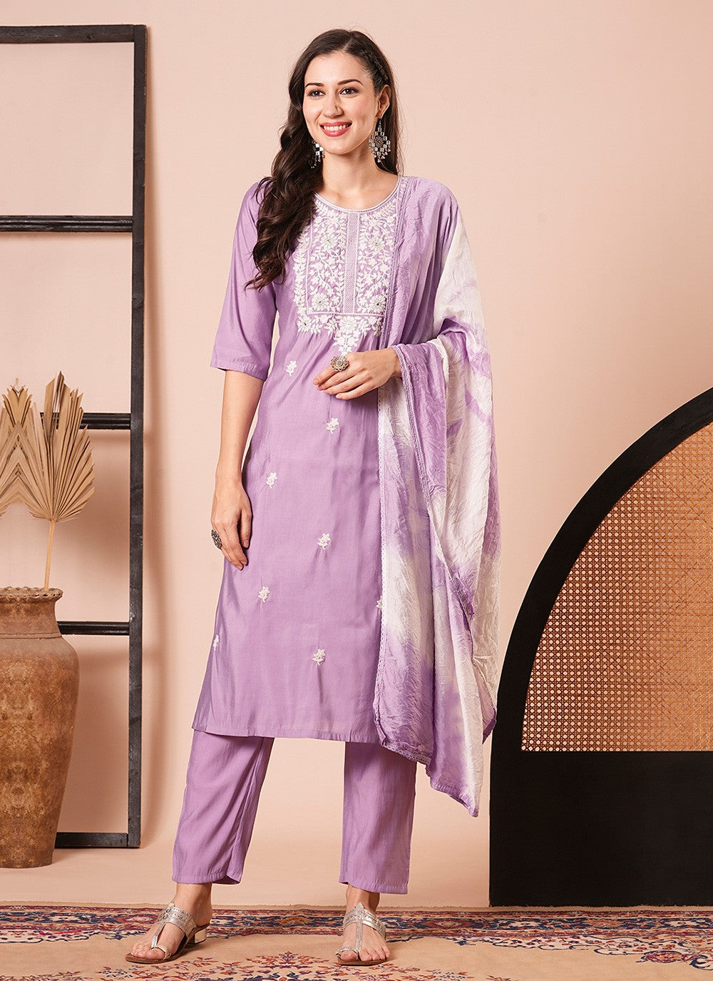 Embroidered Chanderi Pant Style Suit - T4322