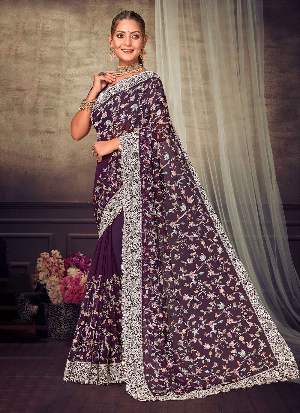 Trendy Embroidered Georgette Saree - S4200