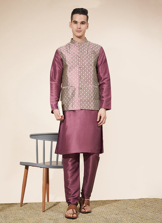 Jacquard Work Pure Silk Purple Kurta Payjama With Jacket - M8026