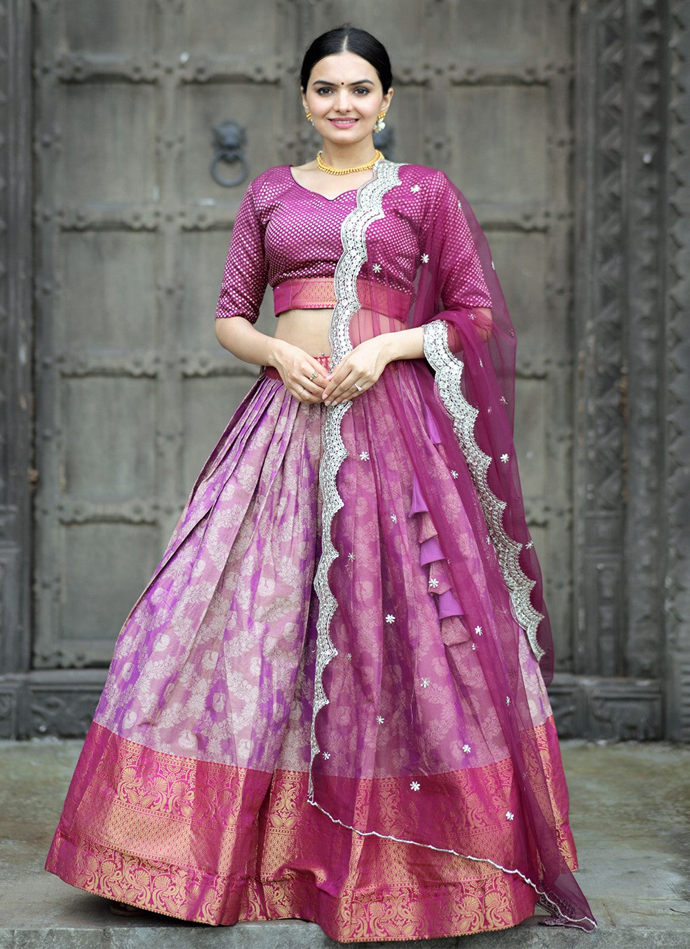 Weaving Zari Kanjivaram Silk A - Line Lehenga - L1063