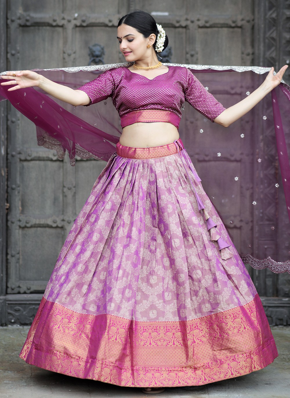 Weaving Zari Kanjivaram Silk A - Line Lehenga - L1063