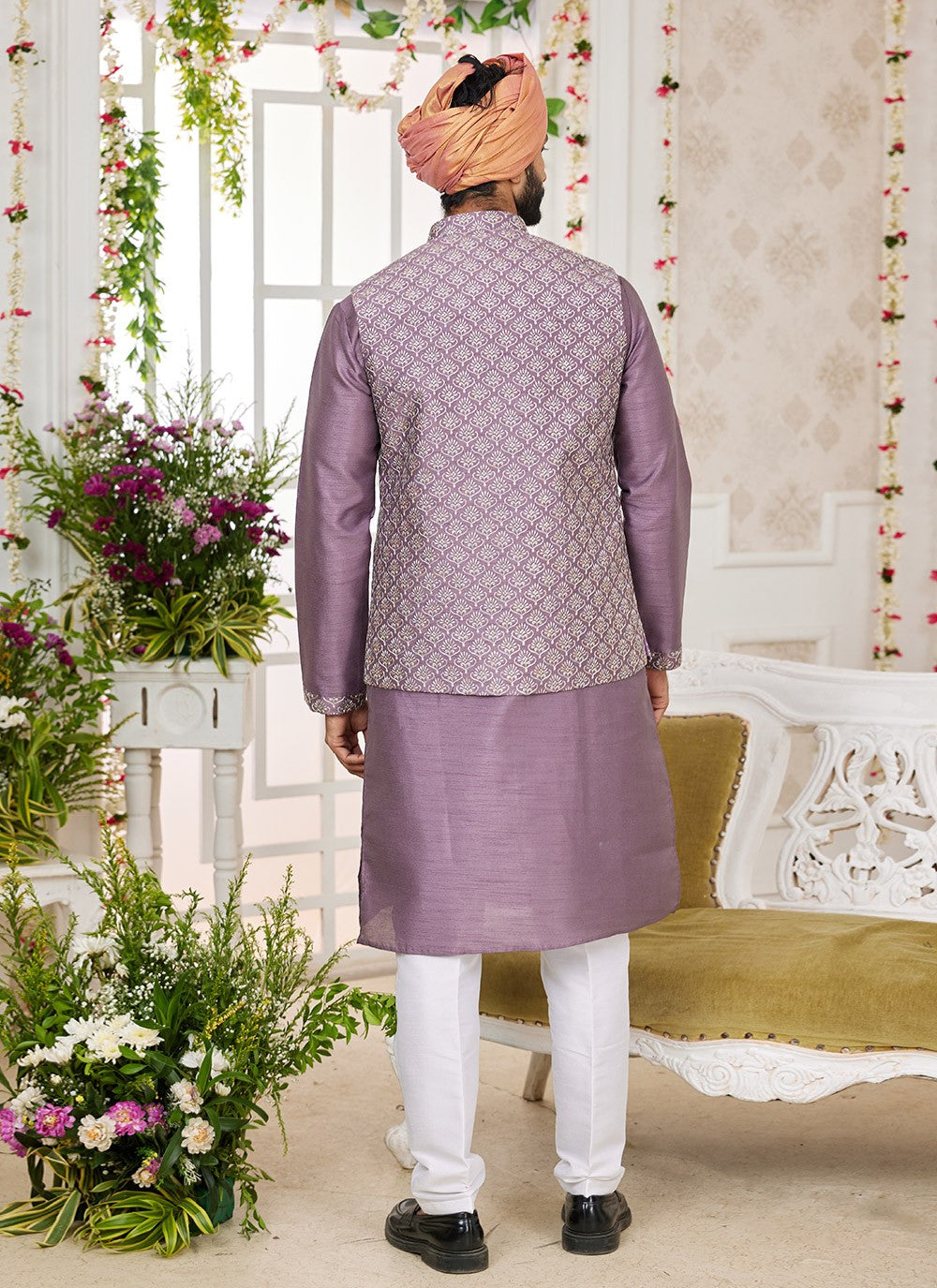 Machine Embroidery Banarasi Silk Purple Kurta Payjama With Jacket - M8747