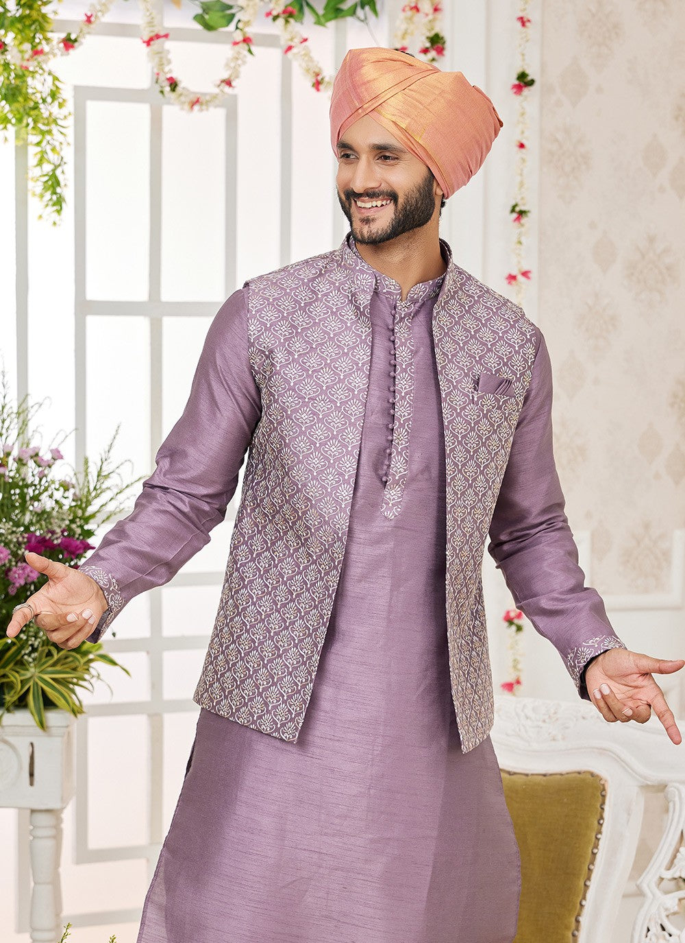 Machine Embroidery Banarasi Silk Purple Kurta Payjama With Jacket - M8747