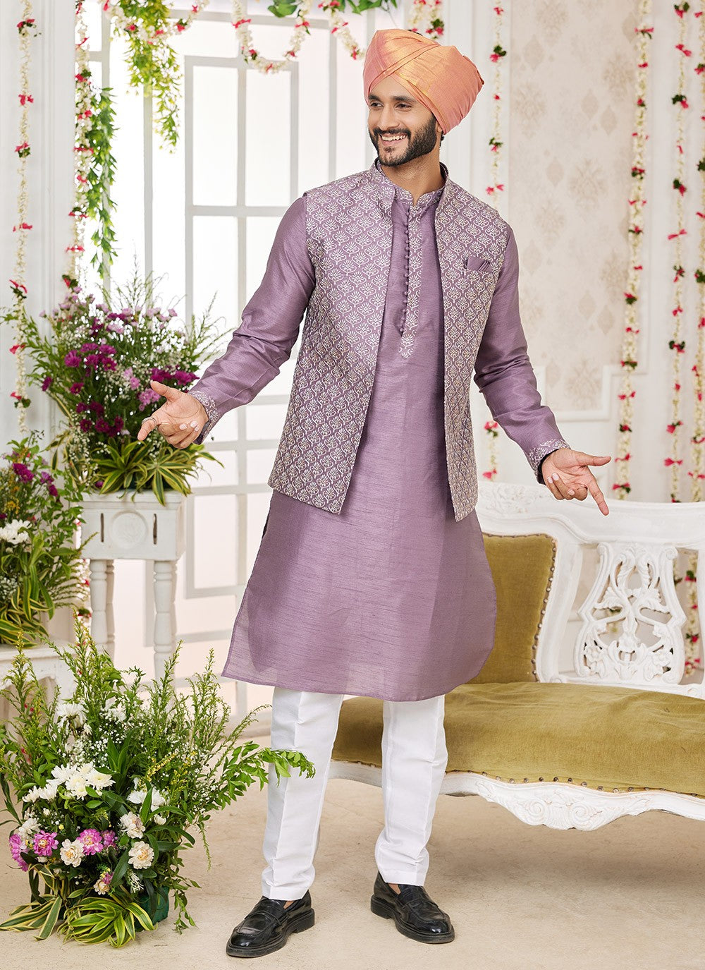 Machine Embroidery Banarasi Silk Purple Kurta Payjama With Jacket - M8747