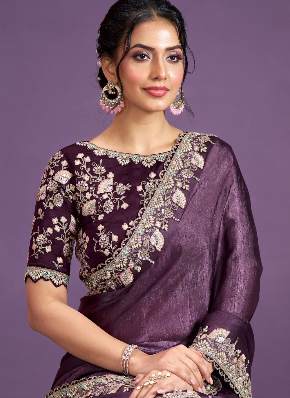 Contemporary Embroidered Satin Silk Saree - S9964