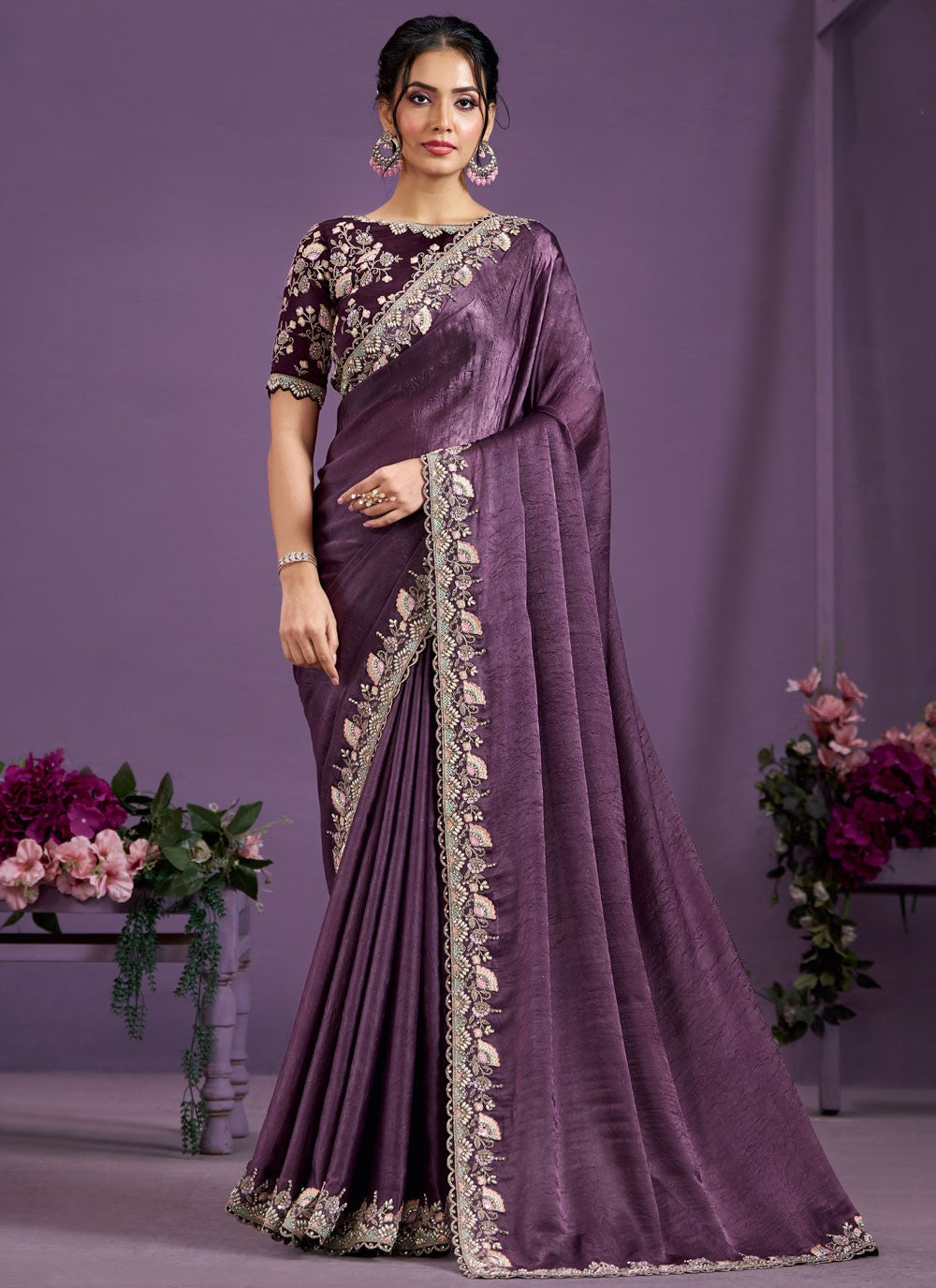 Contemporary Embroidered Satin Silk Saree - S9964