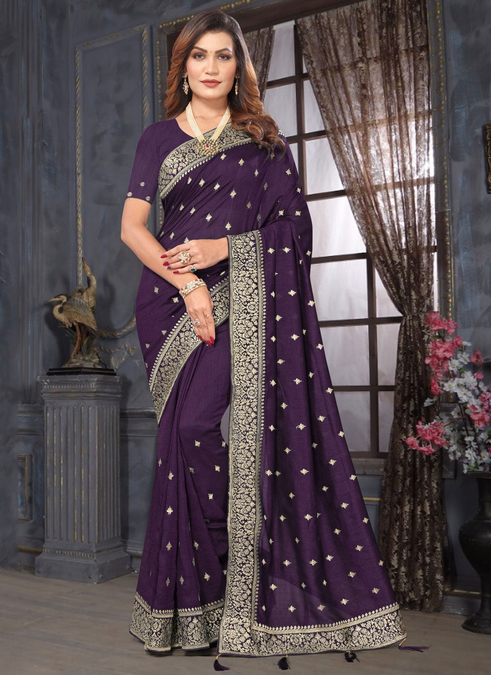 Classic Embroidered Vichitra Silk Saree - S7585