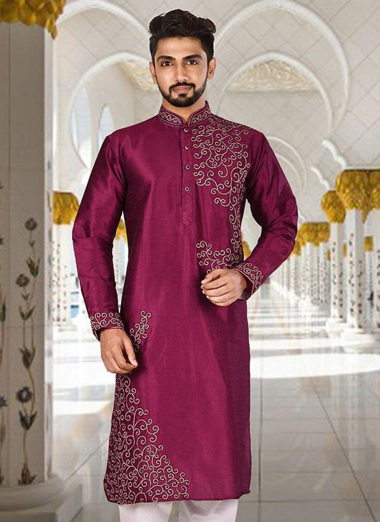 Aari Work Dupion Silk Purple Kurta - M2296