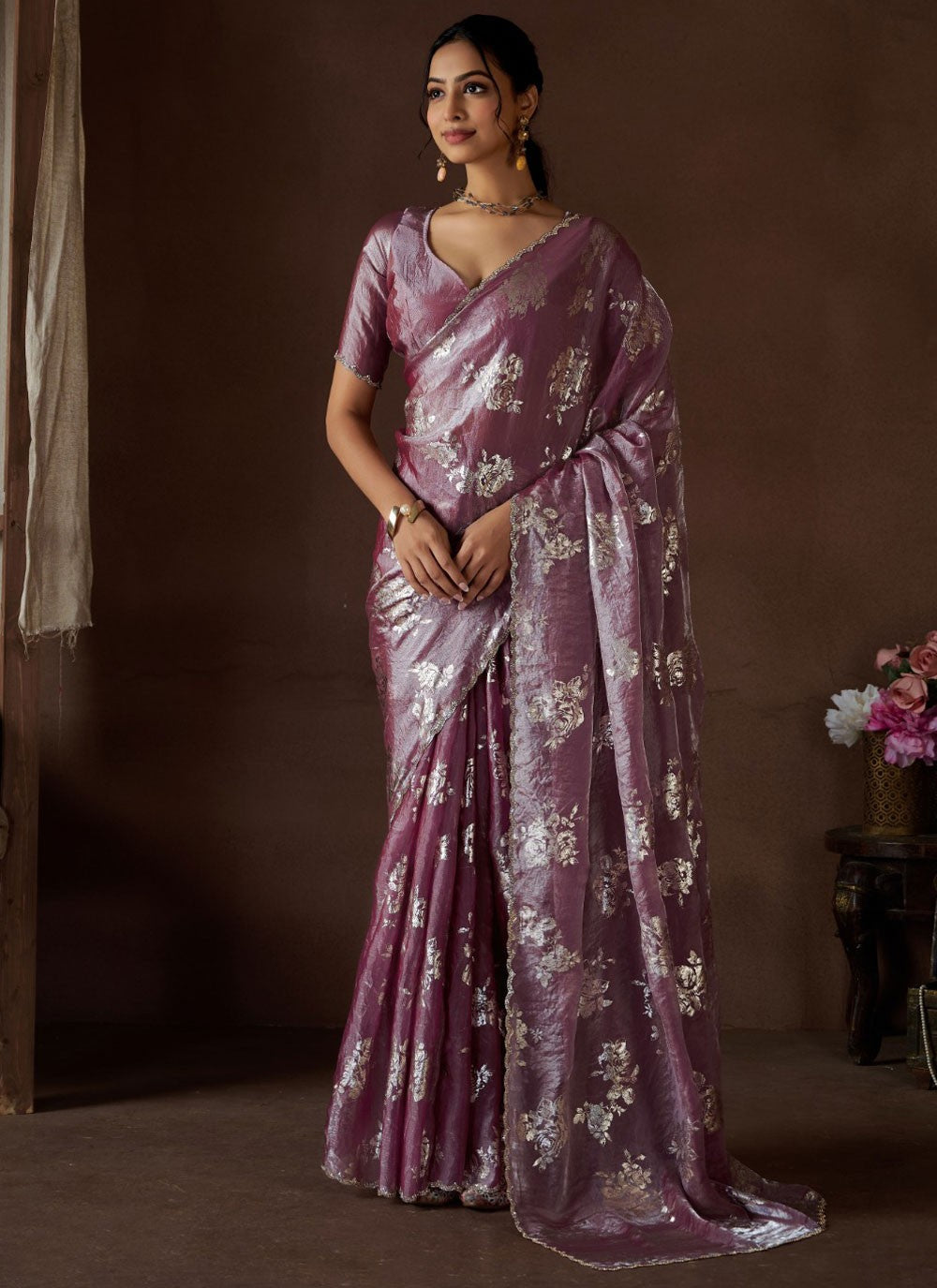 Classic Border Work Satin Silk Lavender Saree - S10878