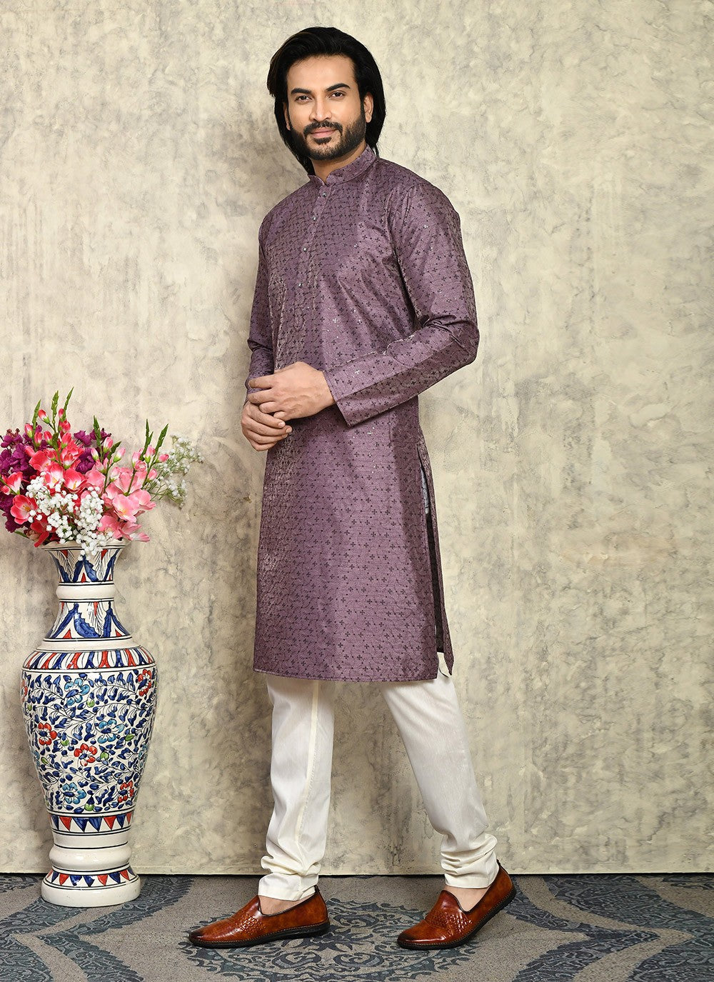 Plain Art Silk Purple Kurta Pyjama - M7935