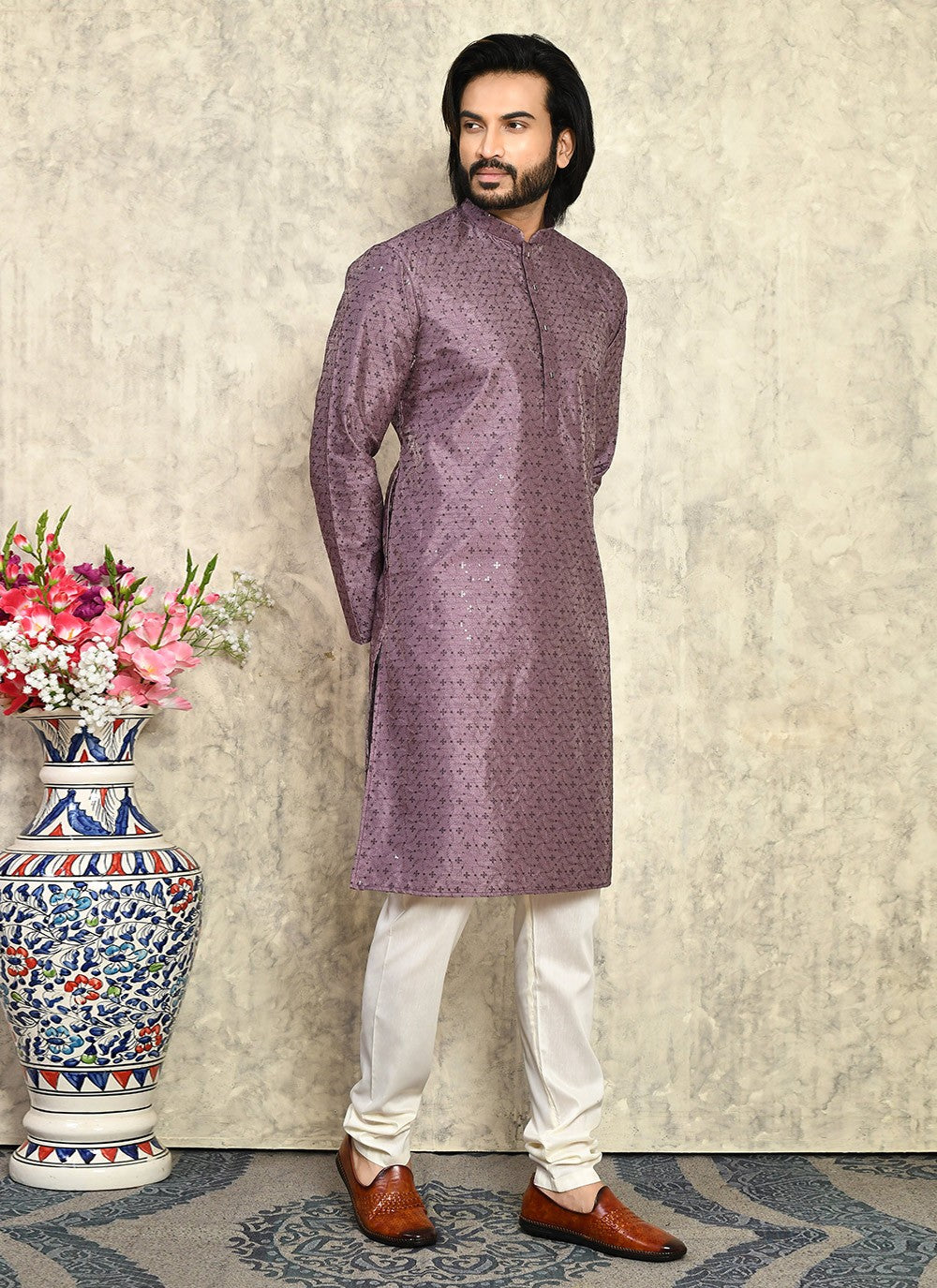 Plain Art Silk Purple Kurta Pyjama - M7935