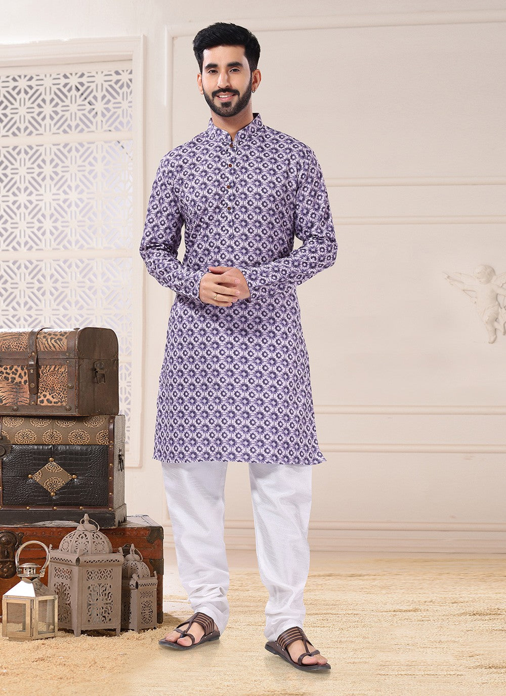 Printed Cotton Purple Kurta Pyjama - M4715