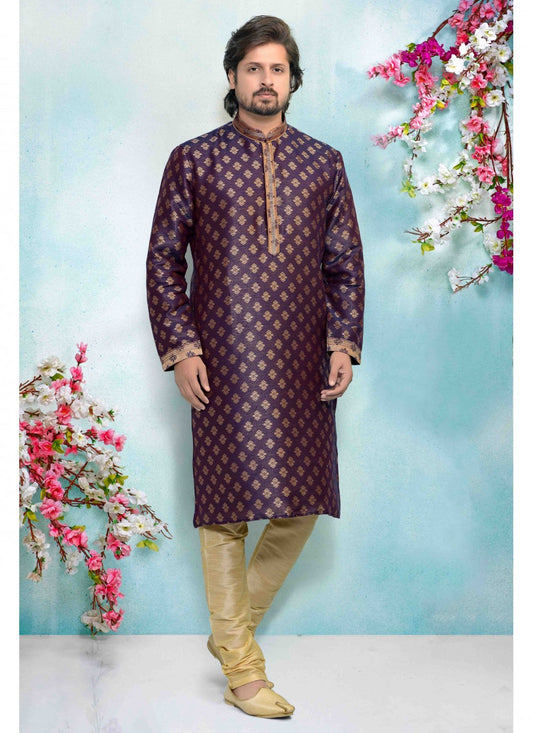 Printed Jacquard Silk Purple Kurta Pyjama - M1679