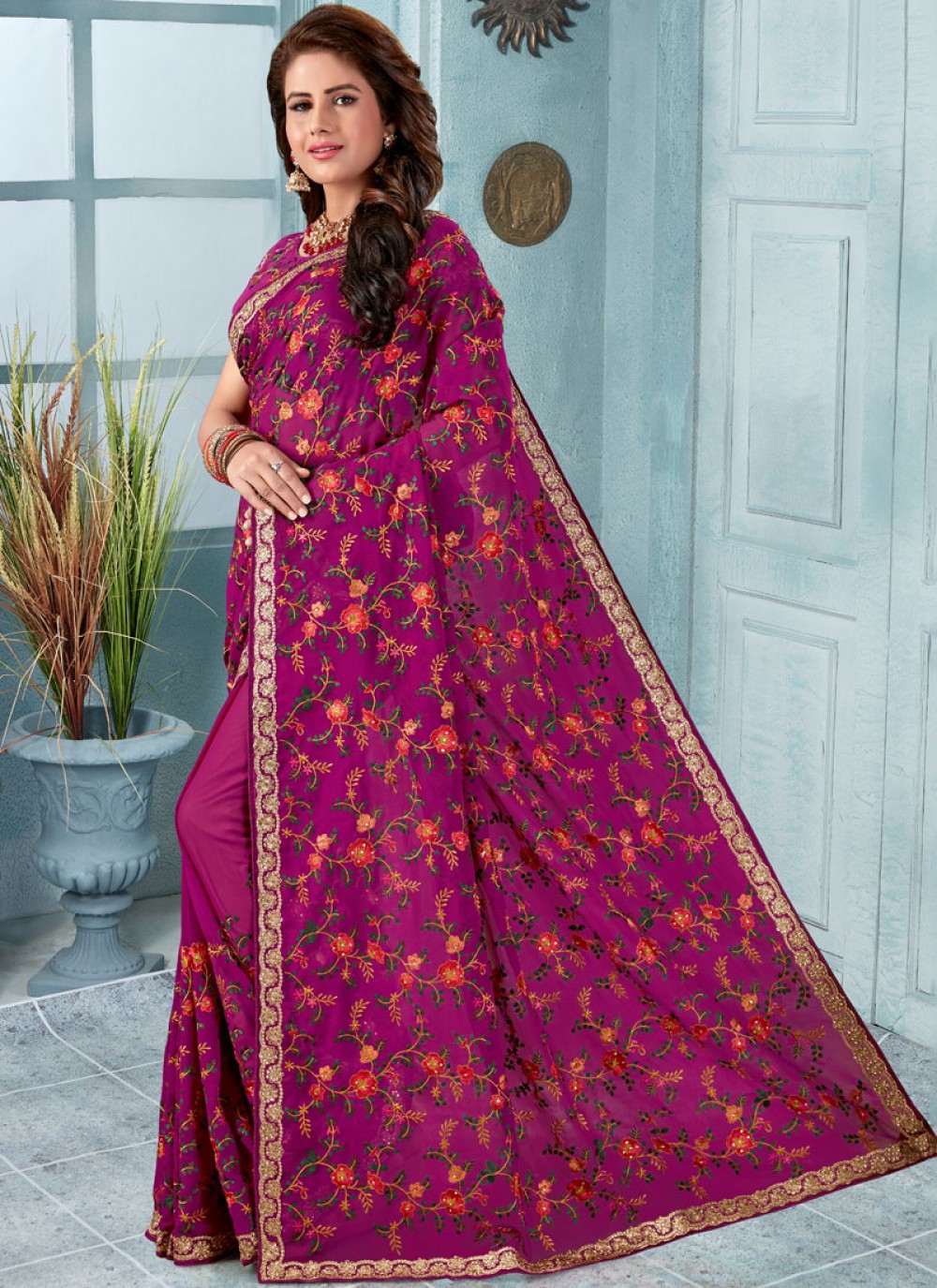 Classic Embroidered Faux Georgette Saree - S0238