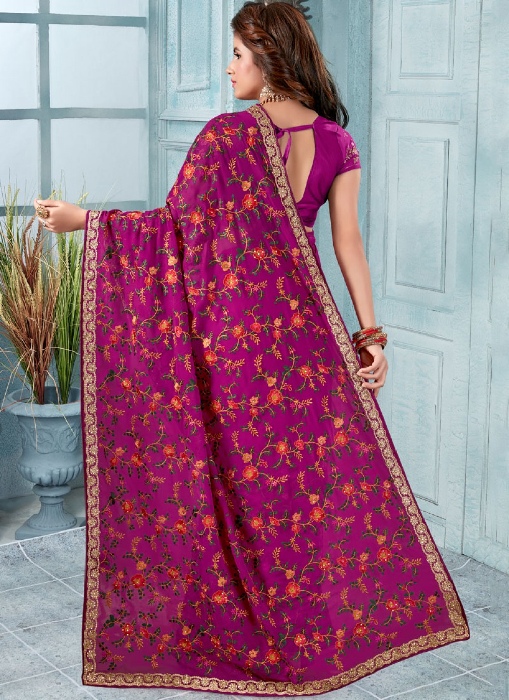 Classic Embroidered Faux Georgette Saree - S0238