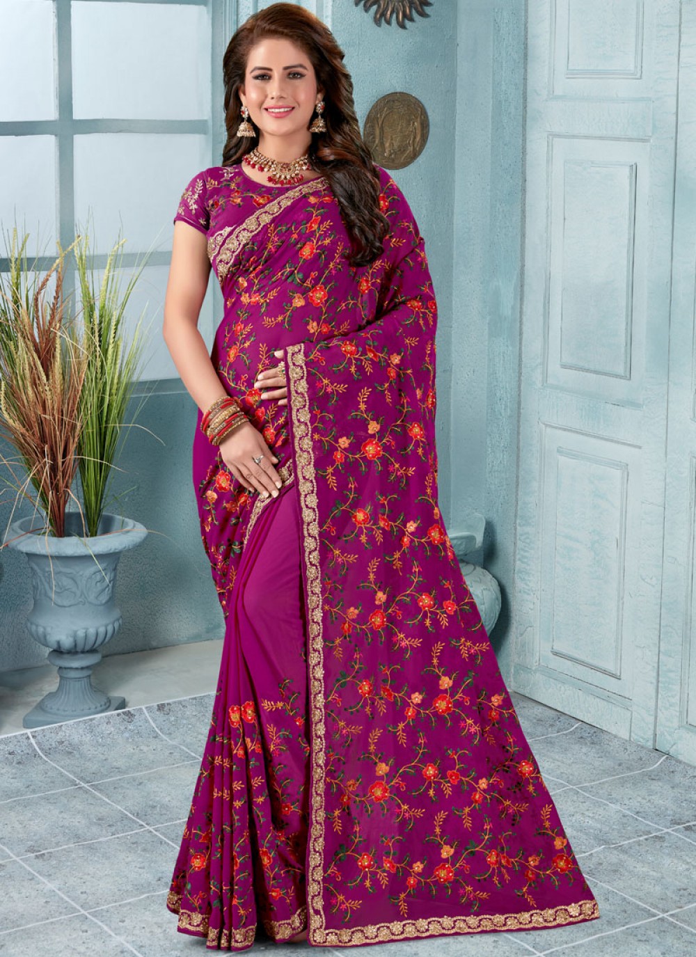 Classic Embroidered Faux Georgette Saree - S0238