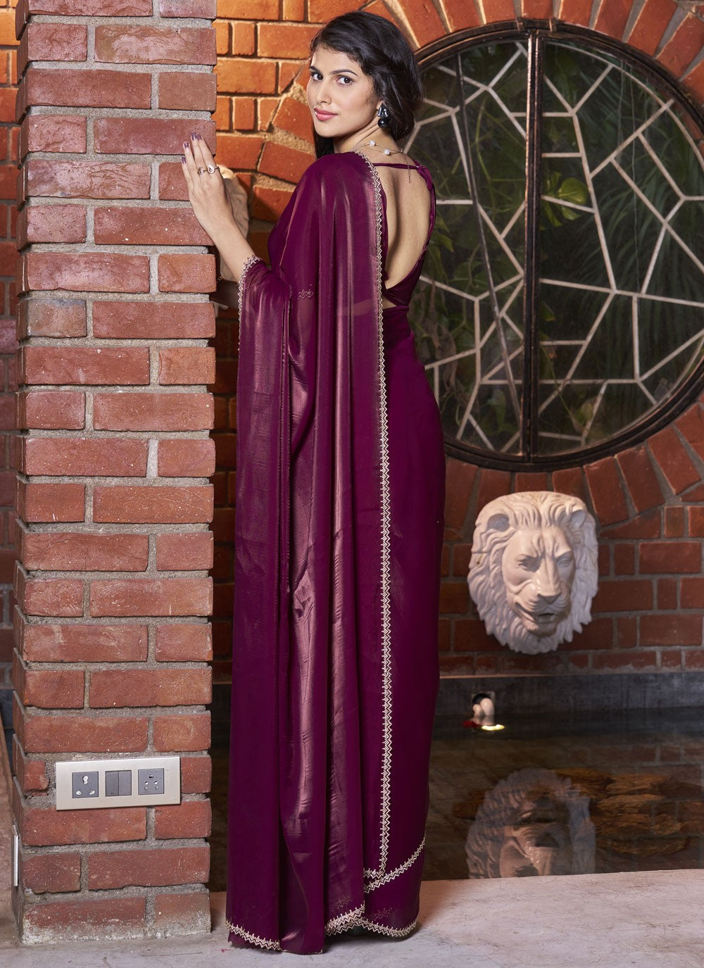 Traditional Border Work Jimmy Chu, Satin Purple Saree - S10747