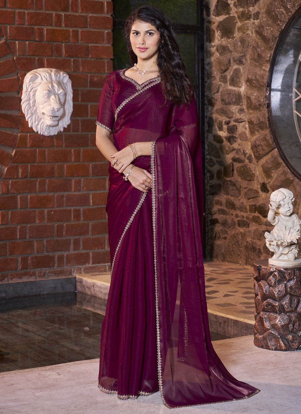 Traditional Border Work Jimmy Chu, Satin Purple Saree - S10747