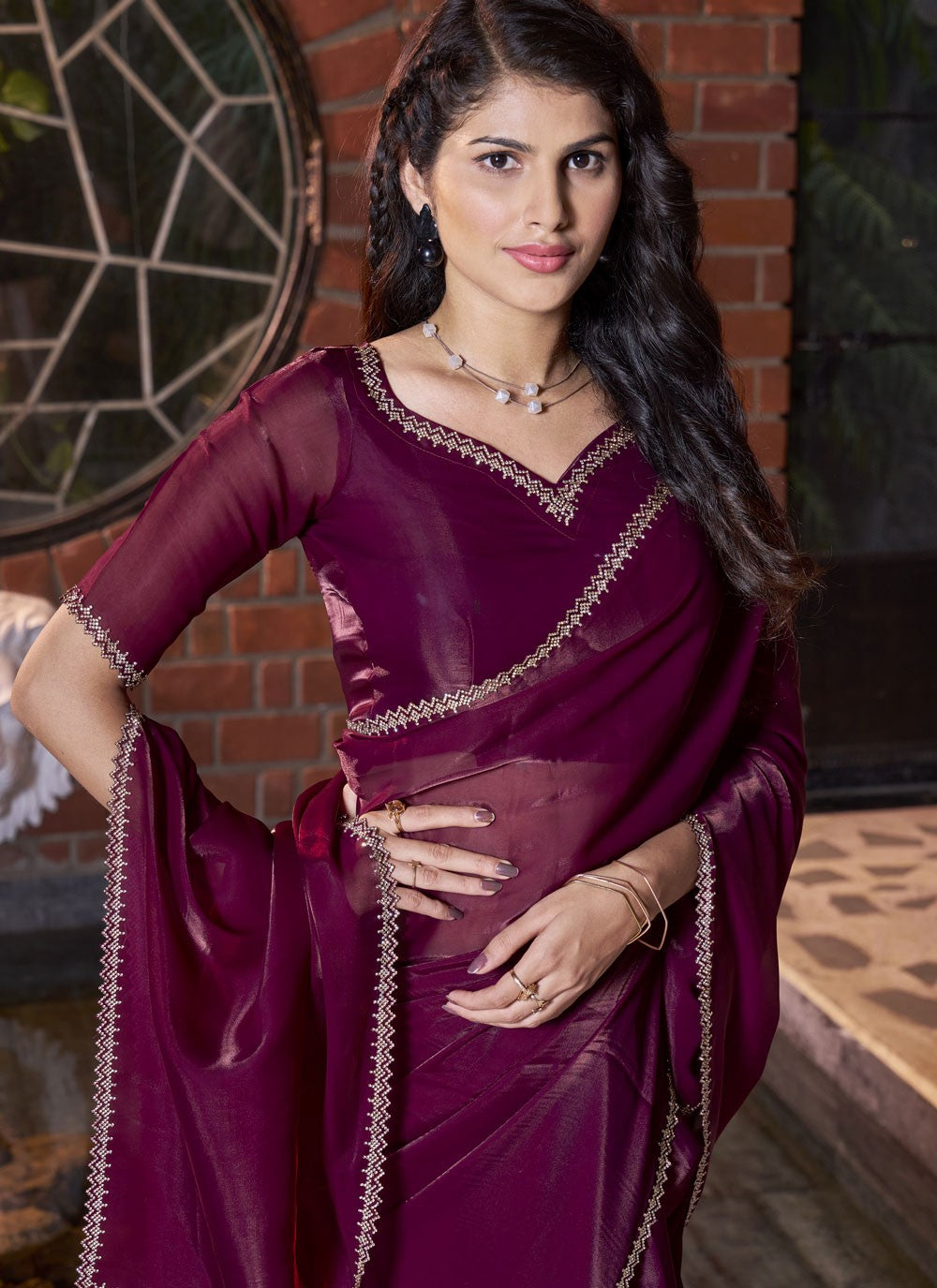 Traditional Border Work Jimmy Chu, Satin Purple Saree - S10747