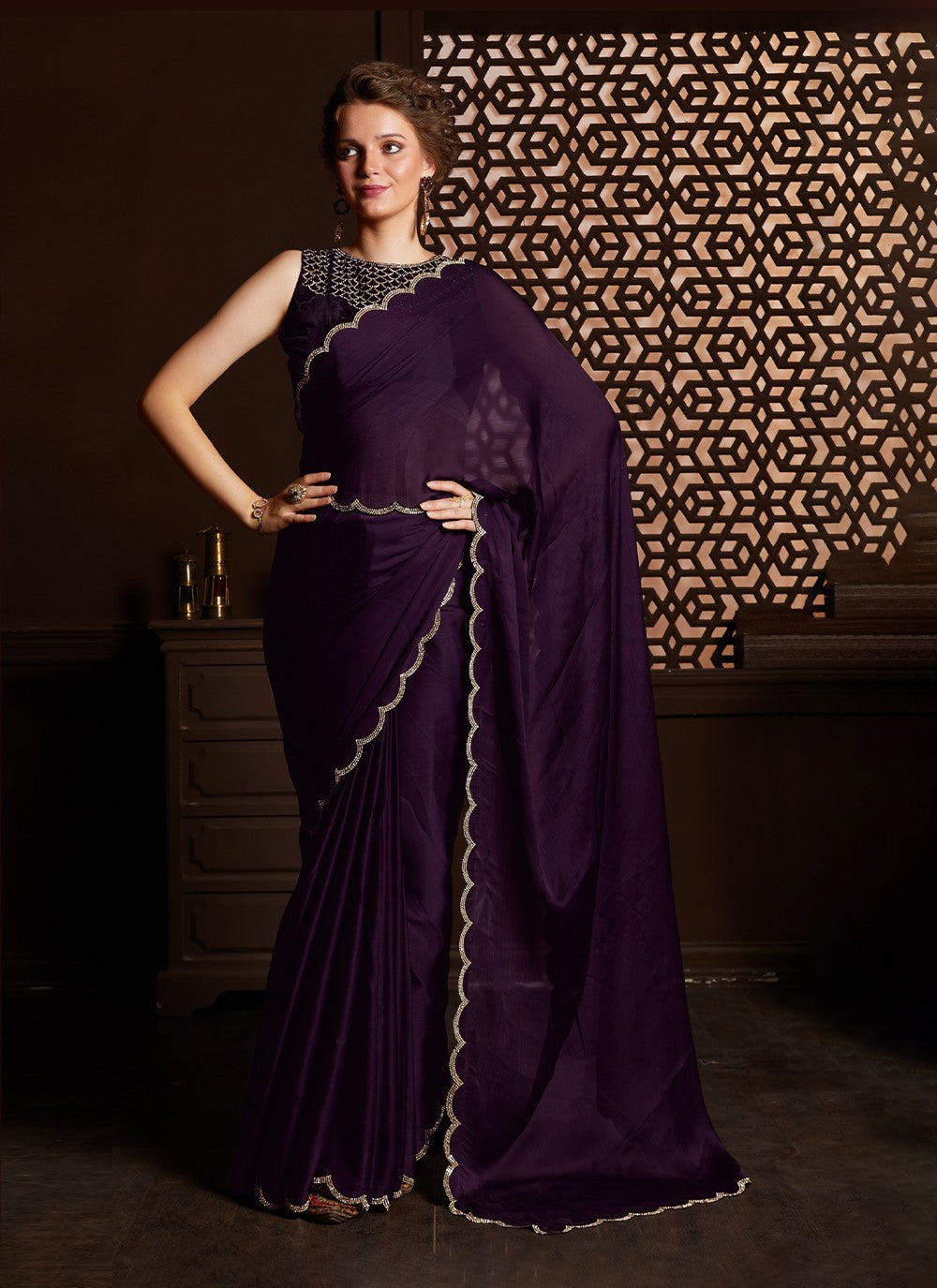 Saree Stones Chiffon, Satin Silk Saree - S3165