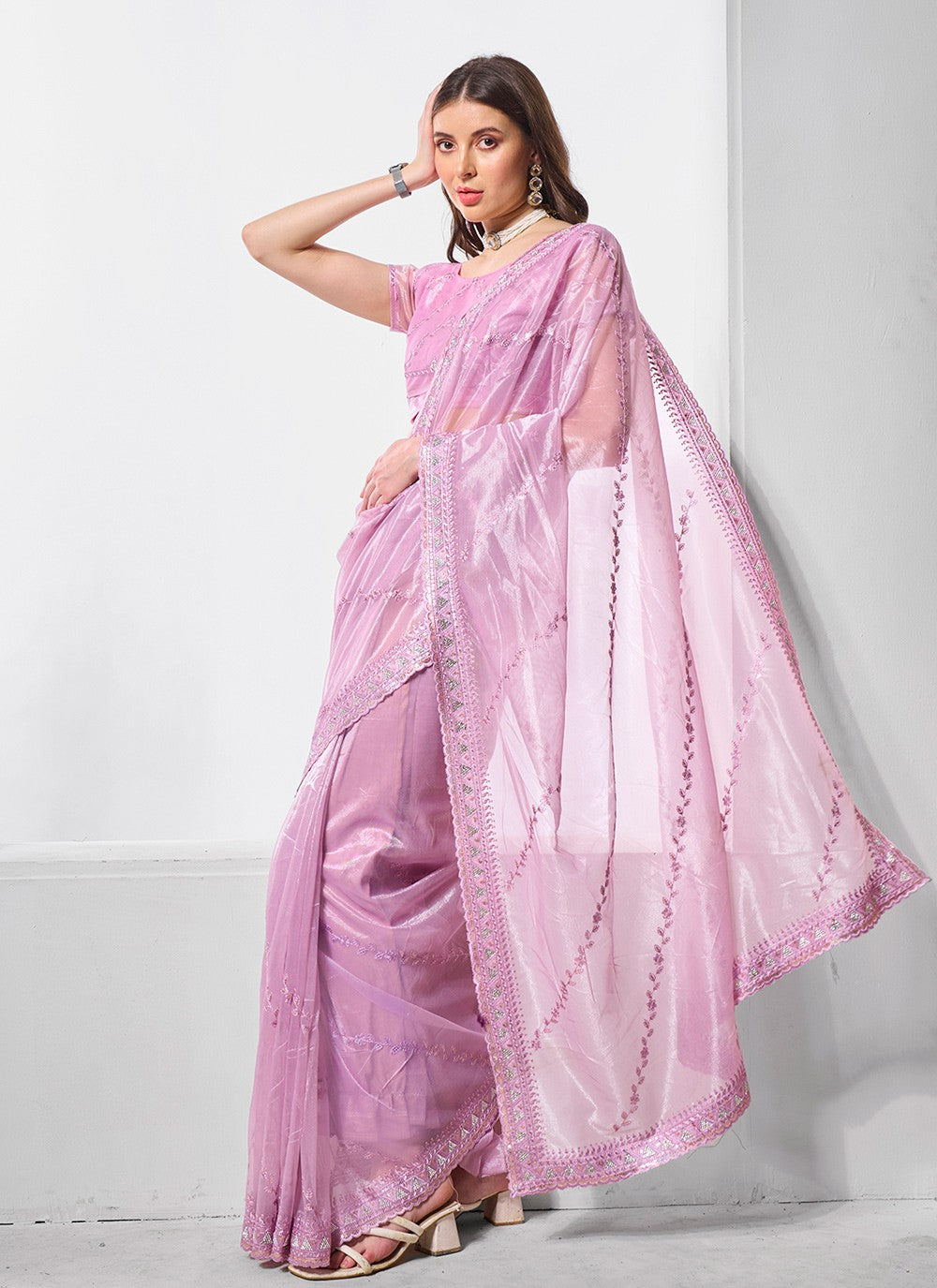 Classic Embroidered Net, Tissue Peach Saree - S10847