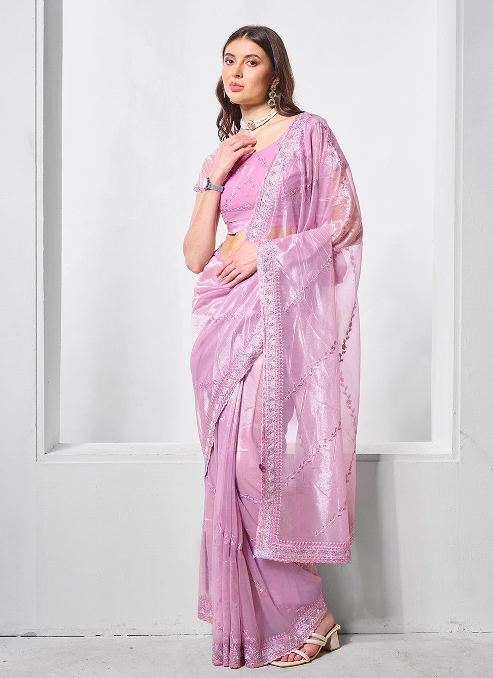 Classic Embroidered Net, Tissue Peach Saree - S10847