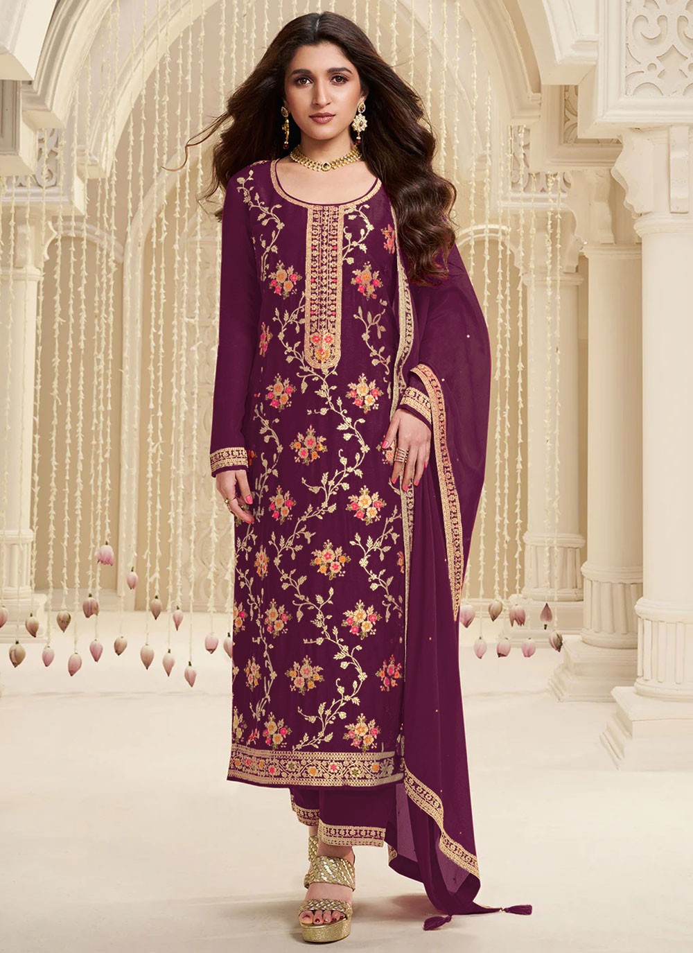 Embroidered Jacquard Pant Style Suit - T4607