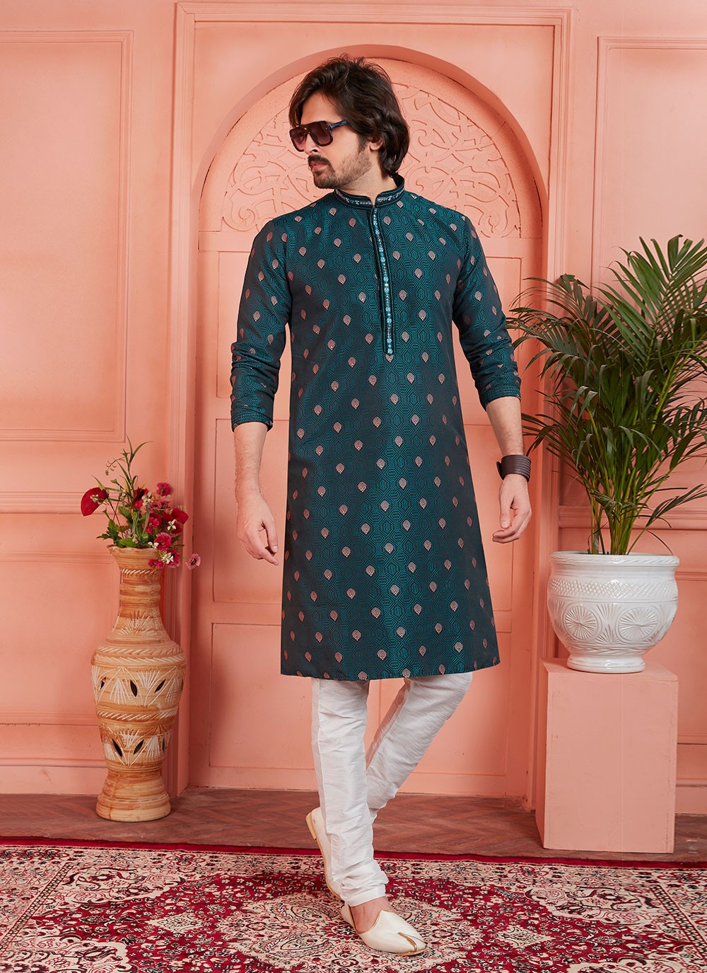 Pintex Brocade, Jacquard Silk Rama Kurta Pyjama - M7757