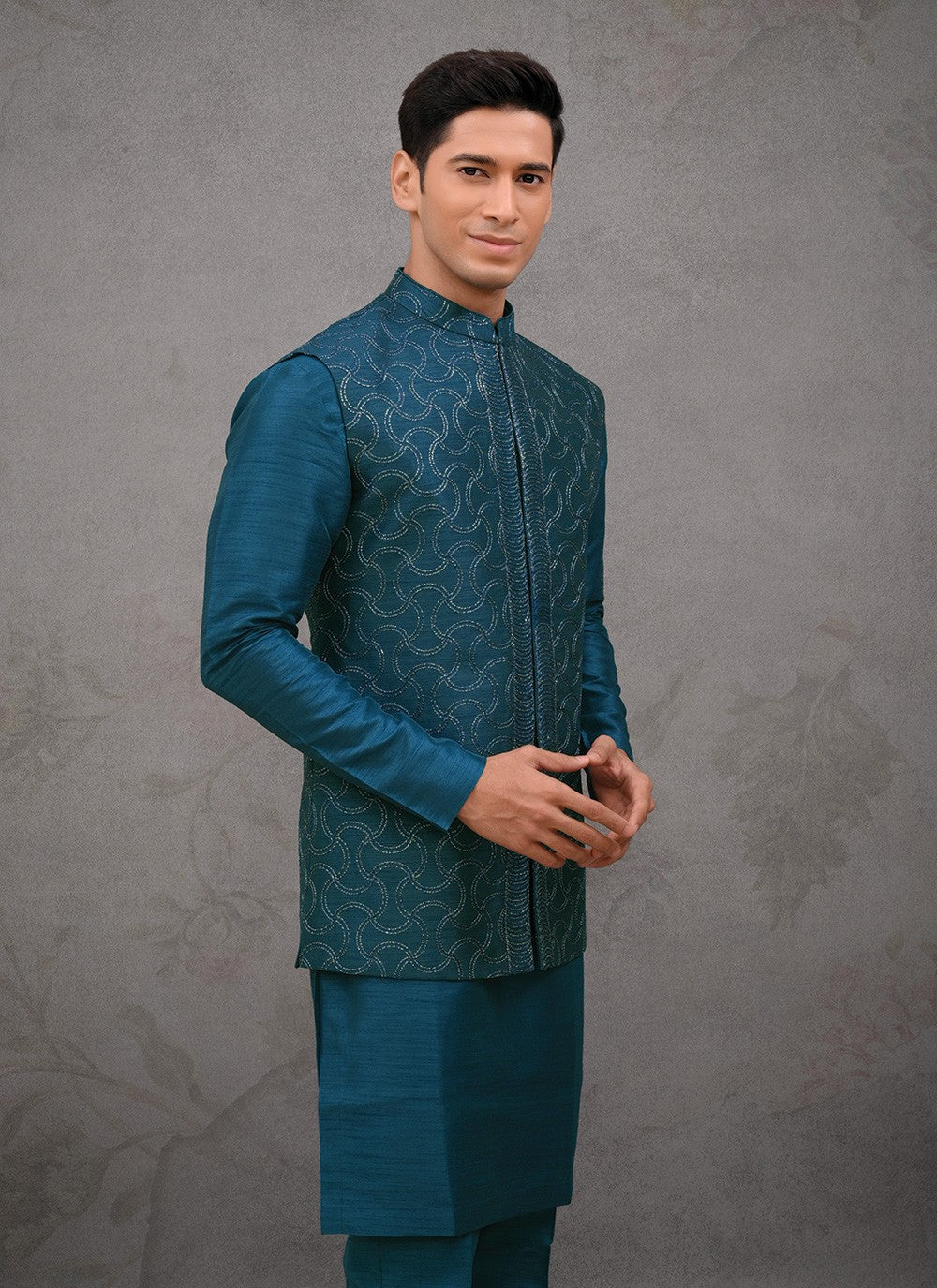 Embroidered Silk Rama Kurta Payjama With Jacket - M8462