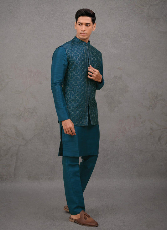 Embroidered Silk Rama Kurta Payjama With Jacket - M8462