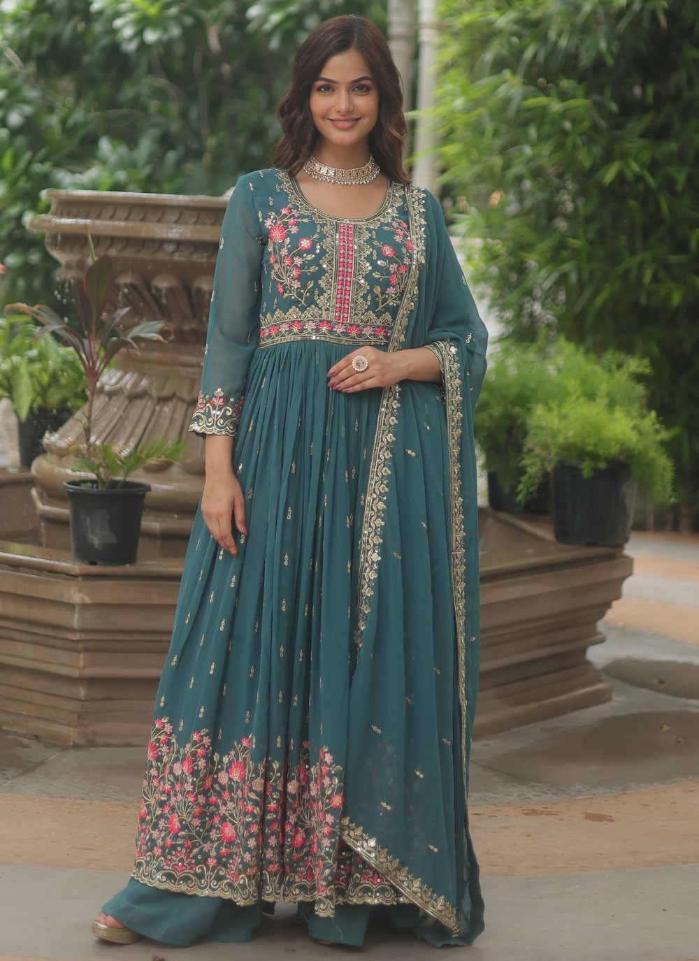 Embroidered Faux Georgette Anarkali - T4768