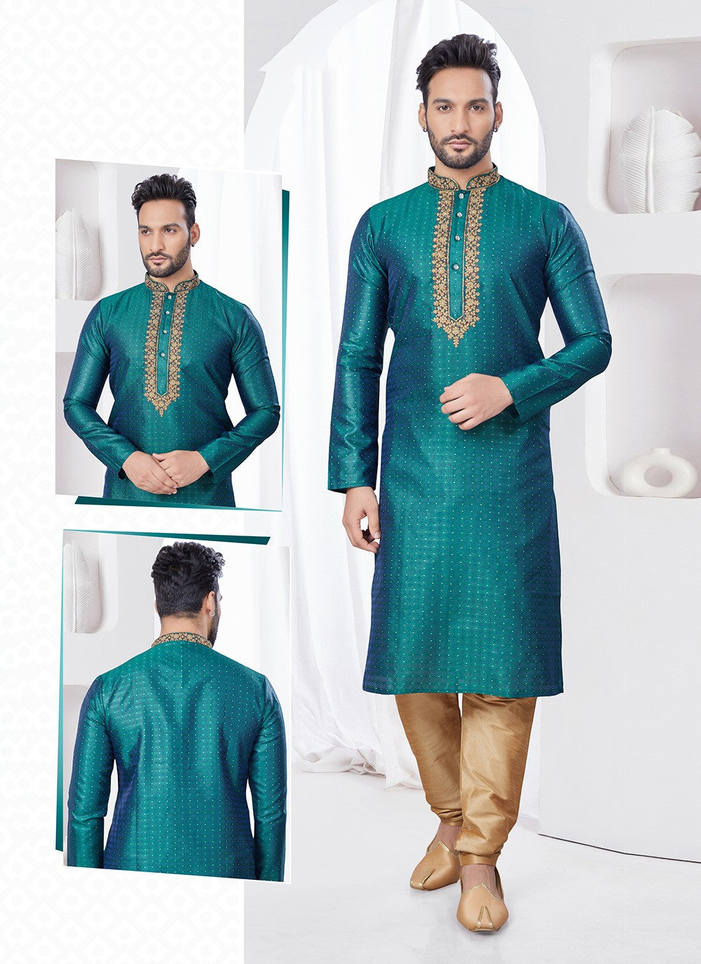 Machine Embroidery Jacquard Rama Kurta Pyjama - M7545